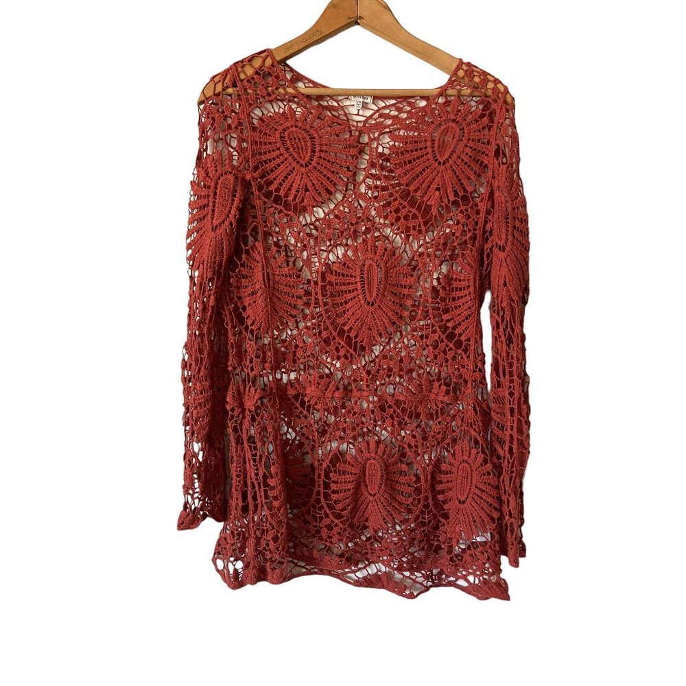 En Creme Crochet Lace Red Long Sleeve Women's Top Sweater S/M